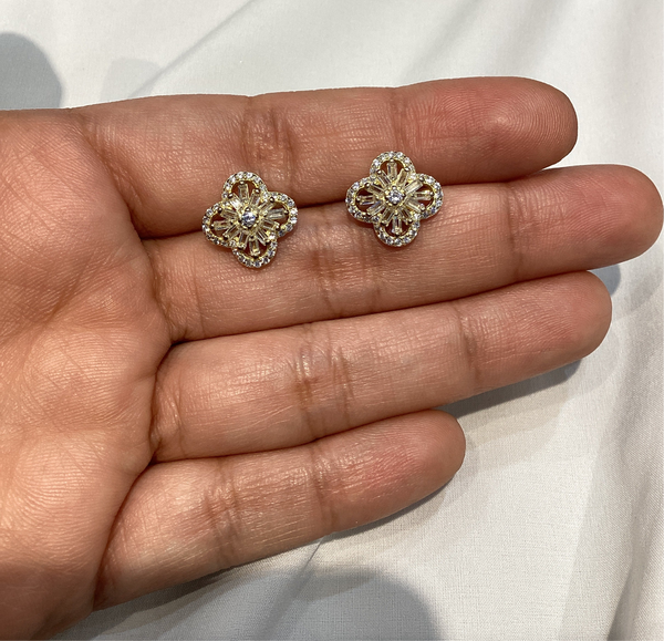 Clover Baguette Crystal Post Gold Earrings