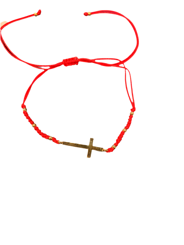 Pulsera Hilo Rojo de Cruz dorada plata