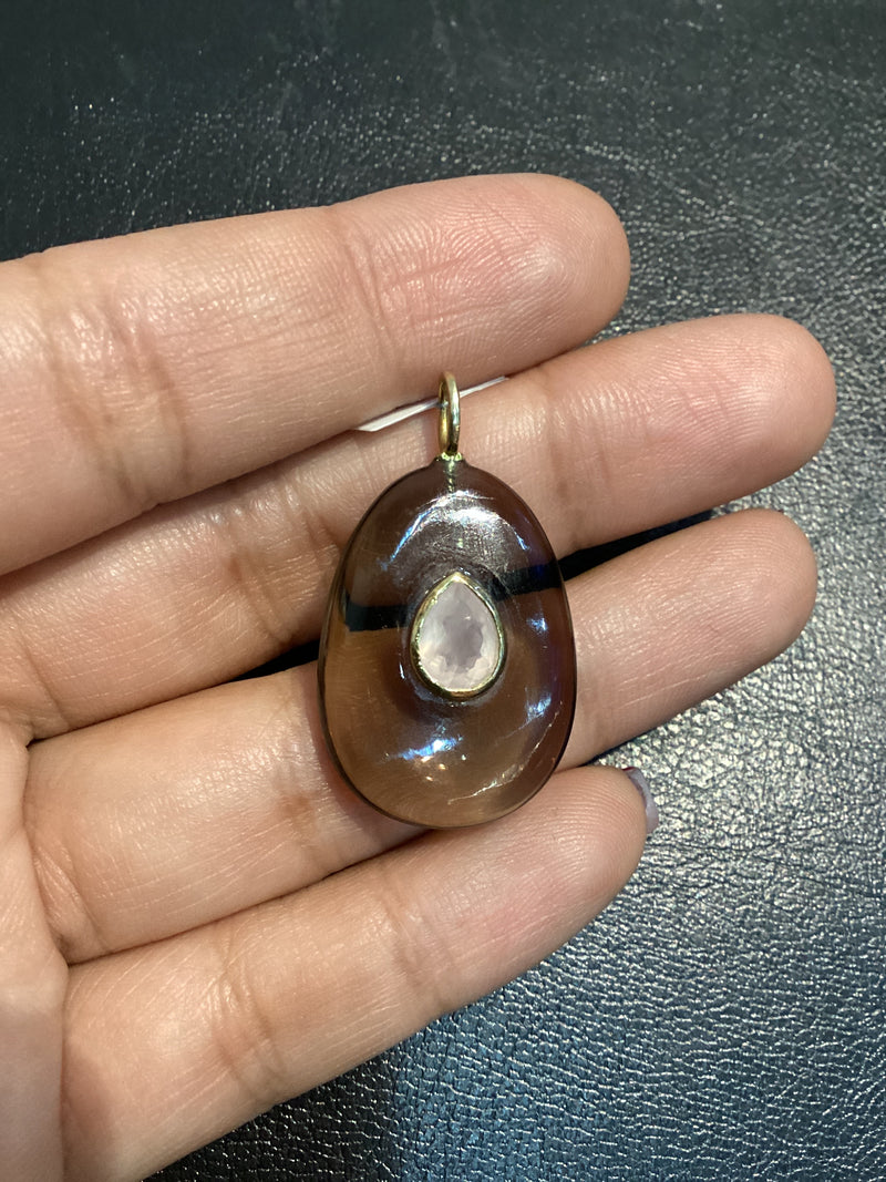 Gotas XL Flat, Rutilated Agate Centro topacio, Smokey Qtz Centro Qtz Rosa