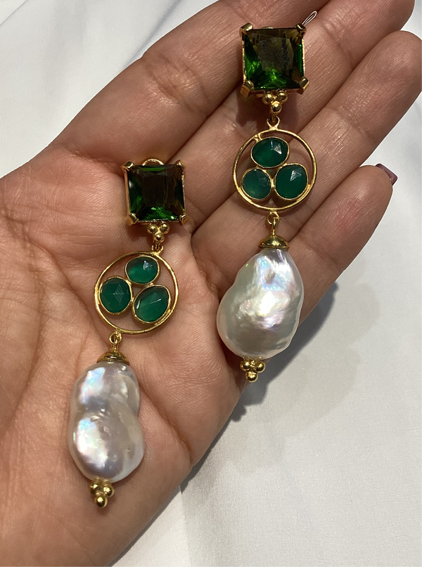 Aretes Onix Verde  Plata Con Barroca