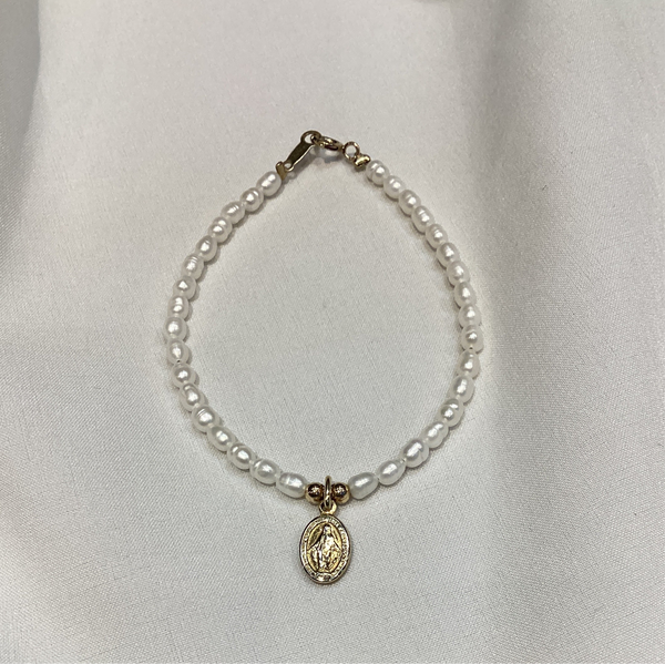 Pulsera de Perlas para Bebe Dije Virgen Milagrosa