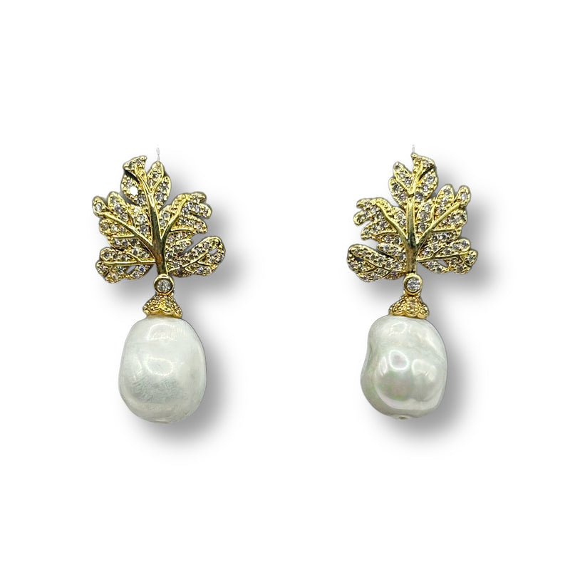 Leaf Pave Pearl Dangles