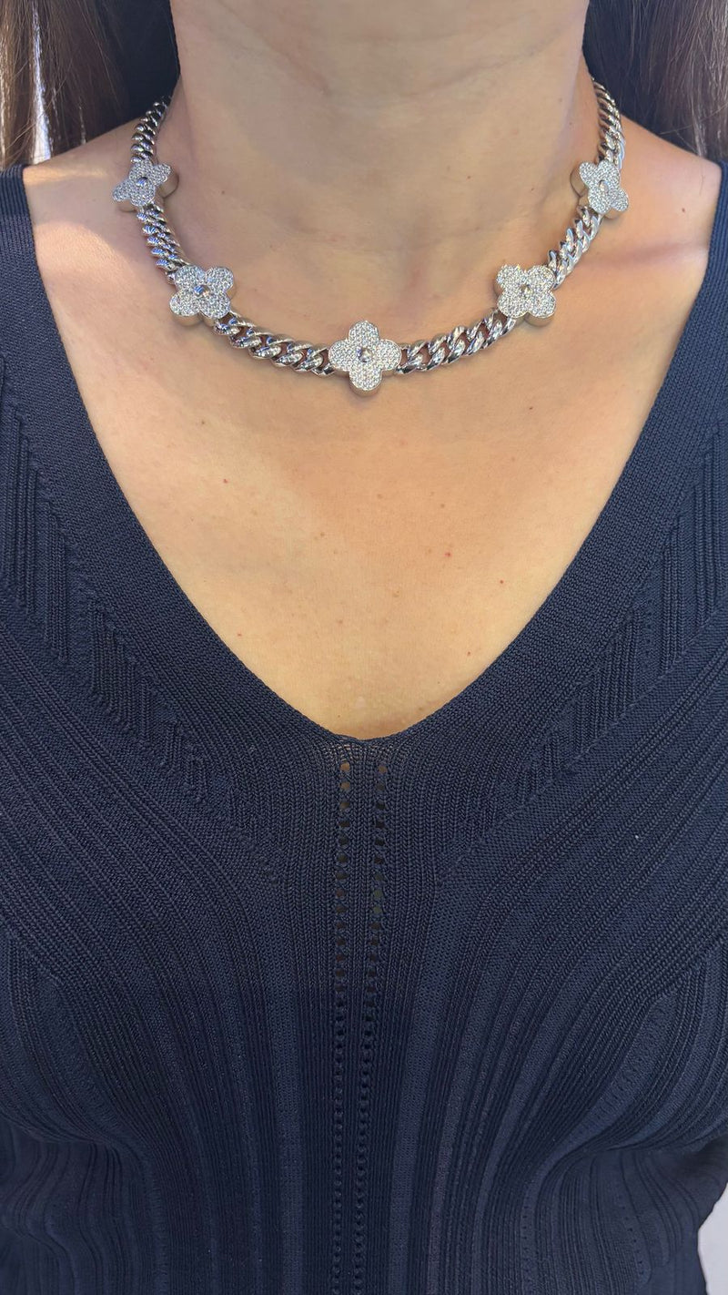 Cadena Cuban Link con Clovers pave plateada