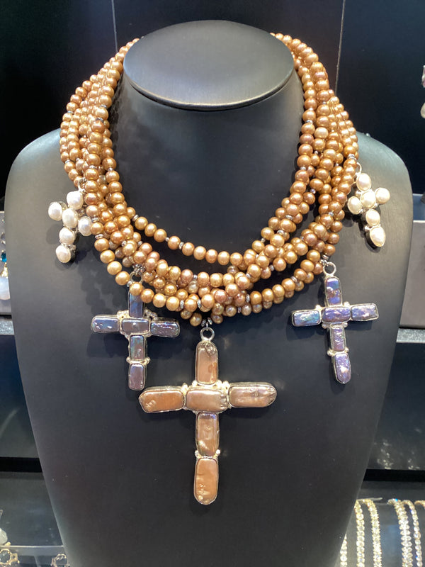 Collar Perlas Colo cobre 7 vueltas con cruces