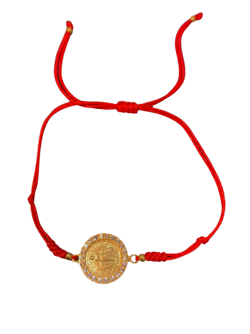 Pulsera Hilo Rojo Virgen Milagrosa redonda con cristales plata