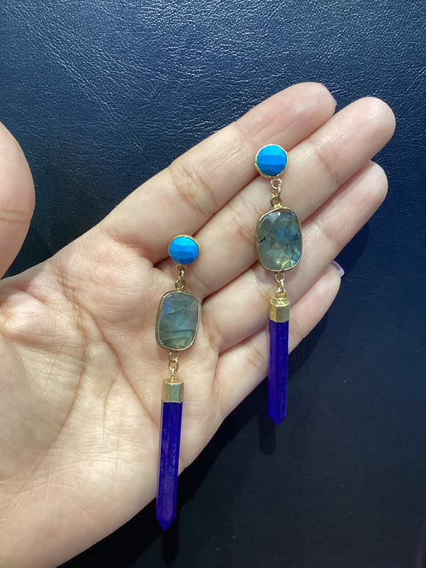 Aretes Labradorita con turquesa y Jade azul pintado