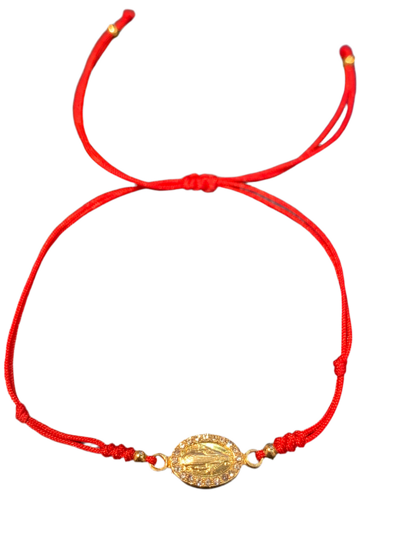 Pulsera Hilo Rojo Virgen Milagrosa Oval Peq Plata