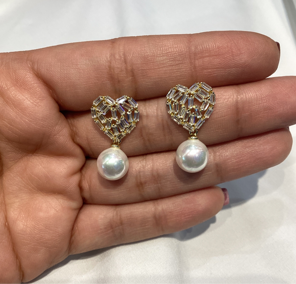 Baguette Heart & Pearl Post Earrings