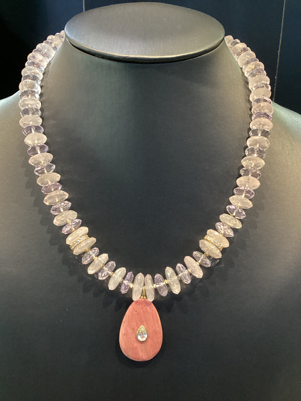 Pink Quartz & Amethyst German Cut Rhodonite Pendant Necklace