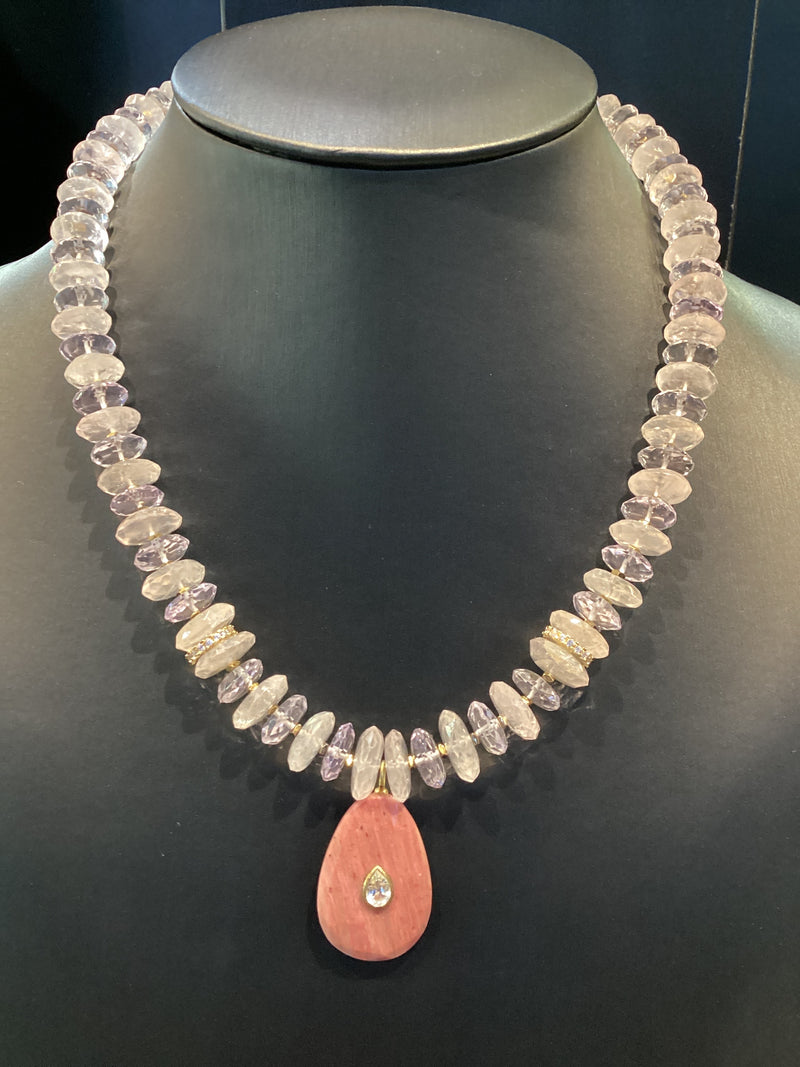 Pink Quartz & Amethyst German Cut Rhodonite Pendant Necklace
