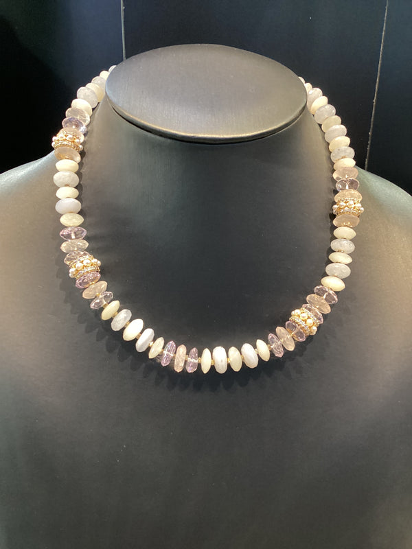Moonstone, Pink Quartz & Amethyst German Cut Necklace