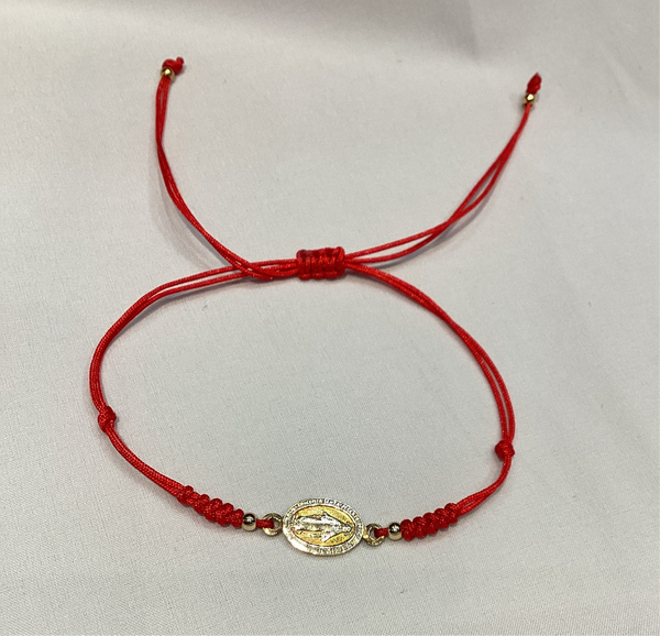 Pulsera Hilo RojoVirgen Milagrosa Ovalo Plata dorada