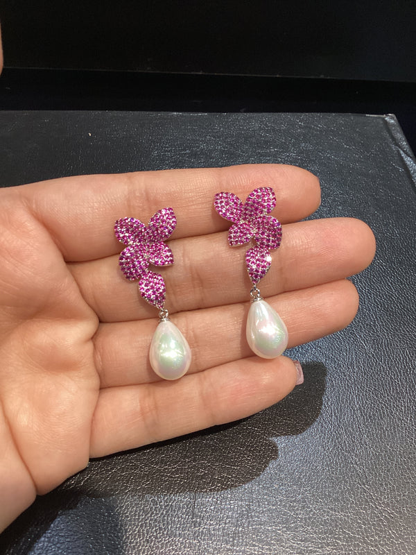 Pave Fuscia Flower Pearl Dangle Earrings