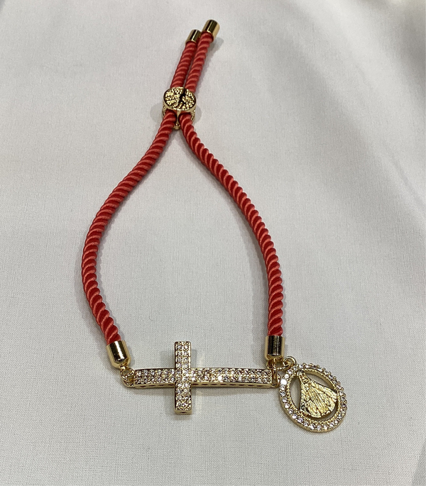 Pulseras de Cruz Pave con Cordon y dije Virgen
