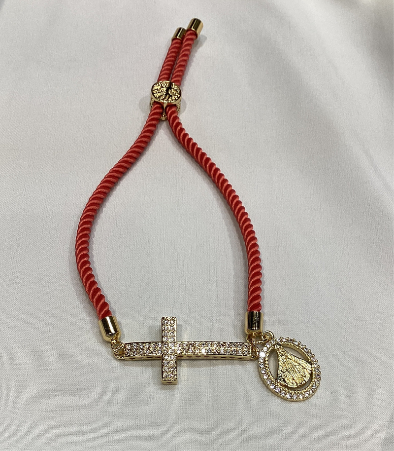 Pulseras de Cruz Pave con Cordon y dije Virgen