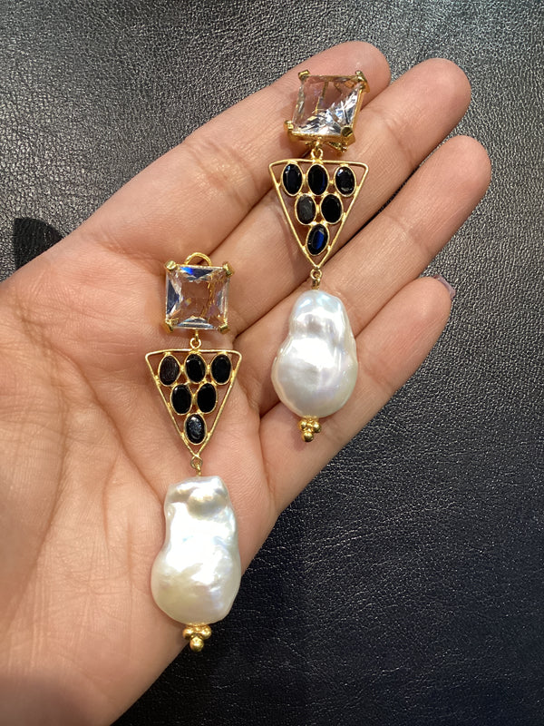 Aretes cuarzo onix perla broche omega