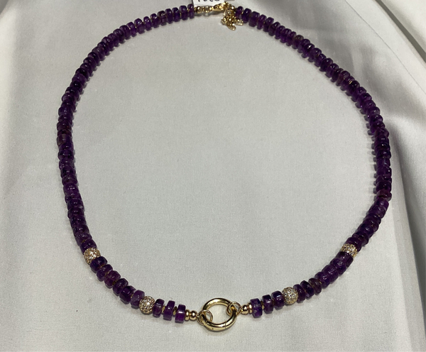 Collar Amatistas Heishi con Rueda de plata y broche posterior