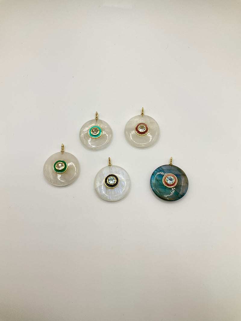 Enamel Moonstone Circle & Semi precious Round L Charm