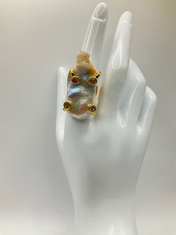 XL Pearl & Stone Brass Adjustable Rings