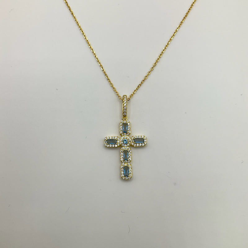 Blue Crystal Cross Pendant Chain 18kt Vermeil