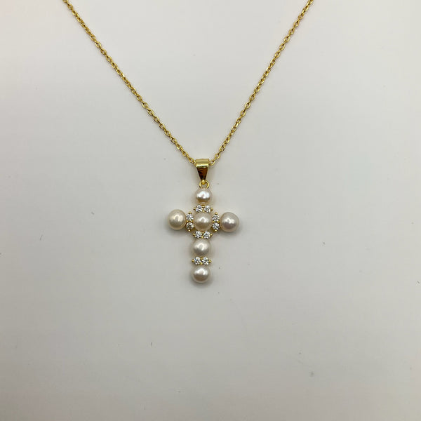 Pearl & Crystal L Chain Necklace cross 18kt Vermeil