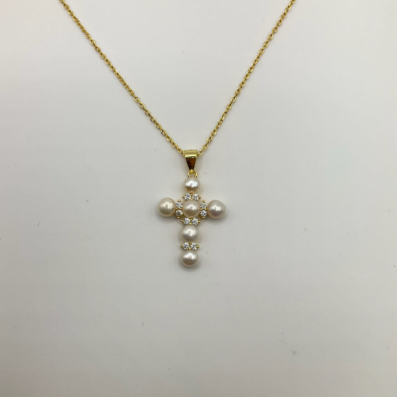 Pearl & Crystal L Chain Necklace cross 18kt Vermeil