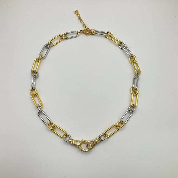 2 Tone Pave Lock Charm Chain Necklace