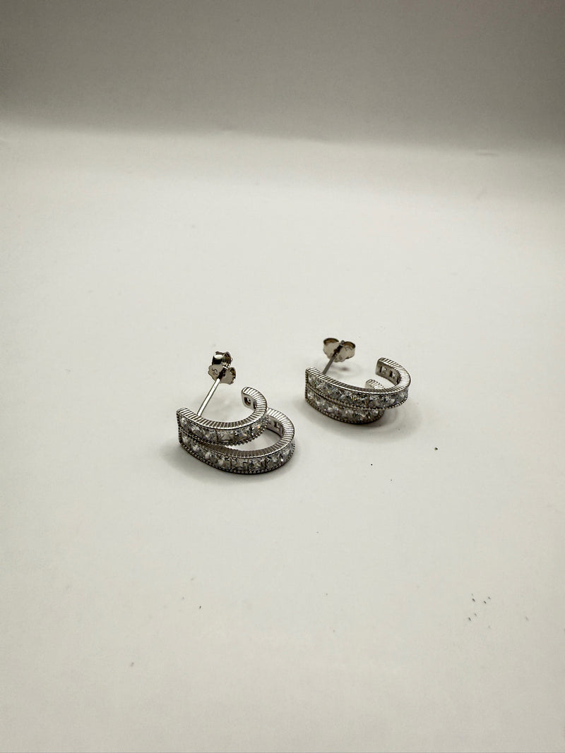 Double Crystal C Post Earrings Plata