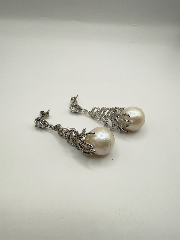 Feather Crystal Pearl Post Earrings