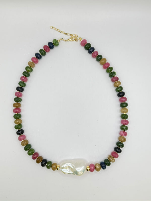 Collar Multicolor Tourmaline Jade con Perla Barroca
