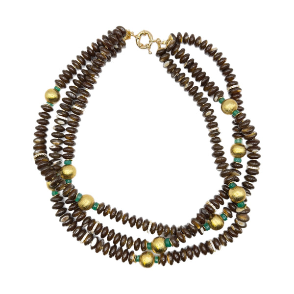 Collar 3 Strand Mocha Mother of Pearl & Green Onyx Accents