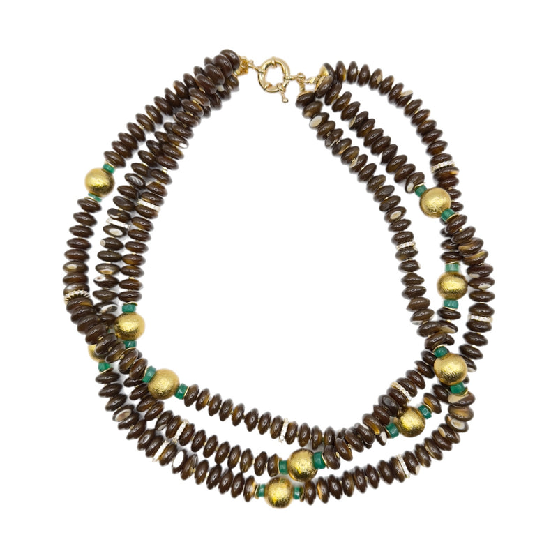 Collar 3 Strand Mocha Mother of Pearl & Green Onyx Accents