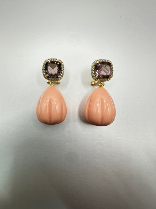 Peachy Resin Pink Quartz Dangle Earrings omega