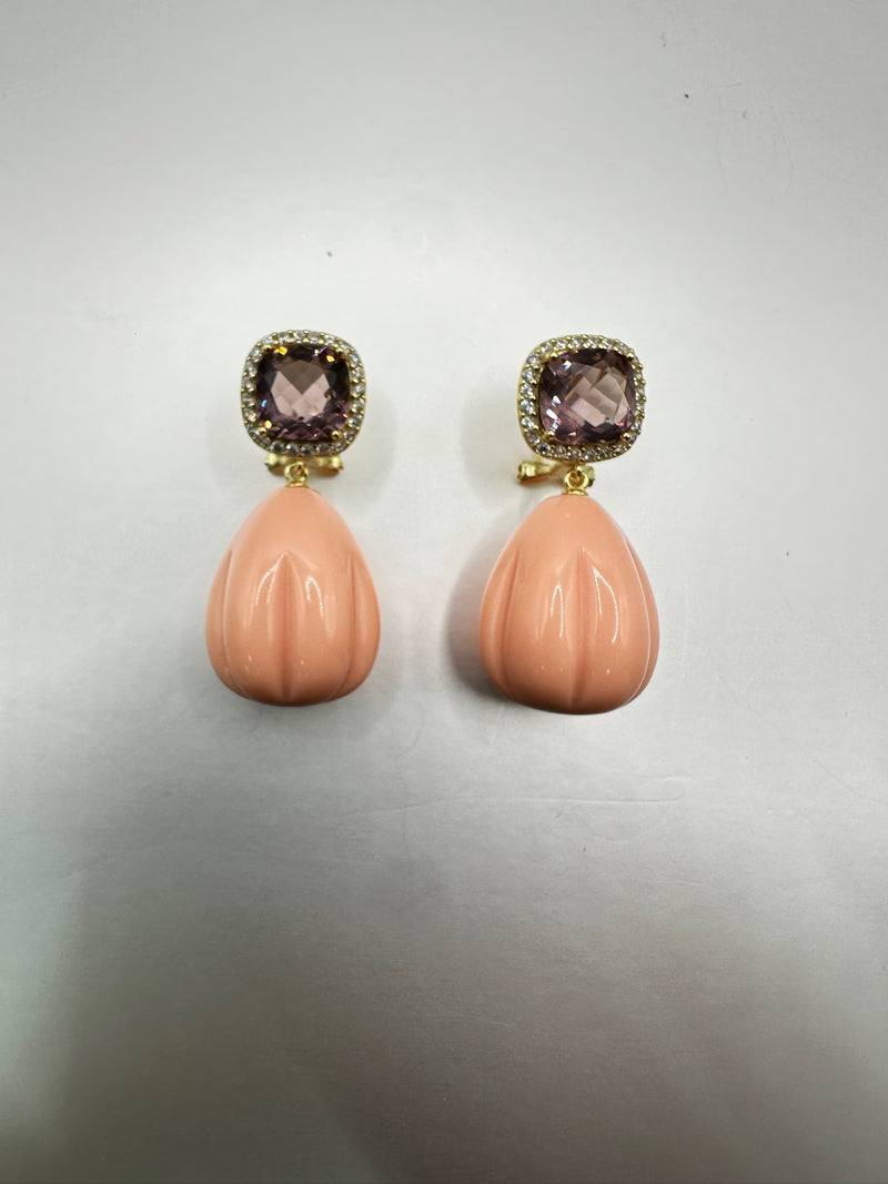 Peachy Resin Pink Quartz Dangle Earrings omega