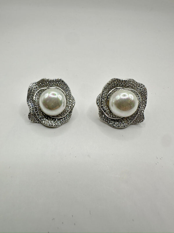 Large Camelia Pave Pearl Flower Post Earrings