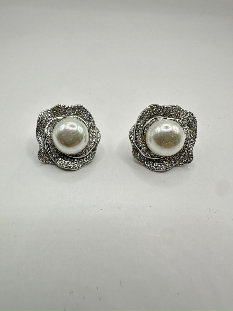 Large Camelia Pave Pearl Flower Post Earrings