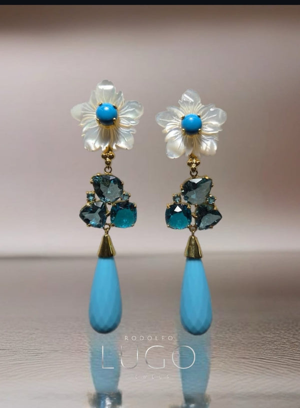 Aretes Turquesa Cuarzo Cristal Y Nacar