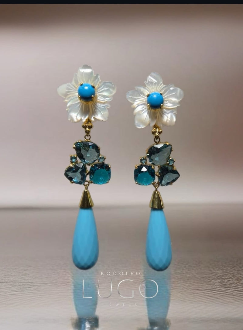 Aretes Turquesa Cuarzo Cristal Y Nacar