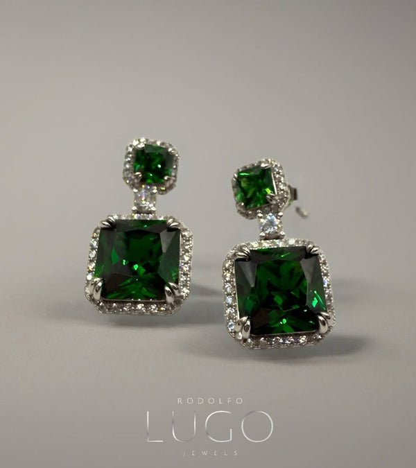 Double Green Crystal Cushion Cut Night Earrings Plata