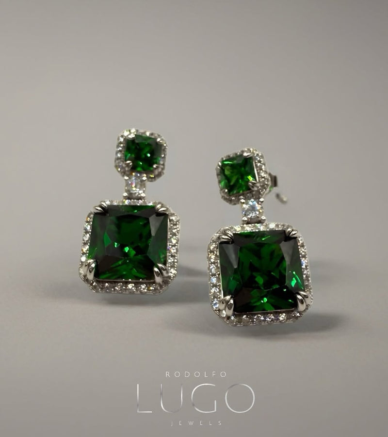Double Green Crystal Cushion Cut Night Earrings Plata