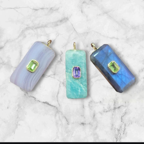 Dijes Rectangulo, bluelaceagatha, amazonita, labradorita