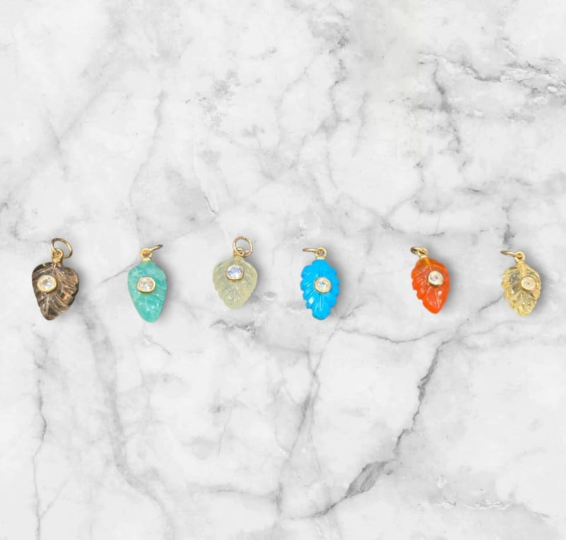 Hojitas Dijes Turquesa, Q.Humo, Citrina limon, amazonita, amatista, carnelia, praziolita