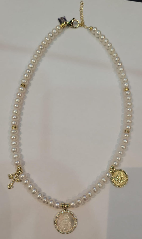 Collar de perlas coin dije virgen mop angel y cruz