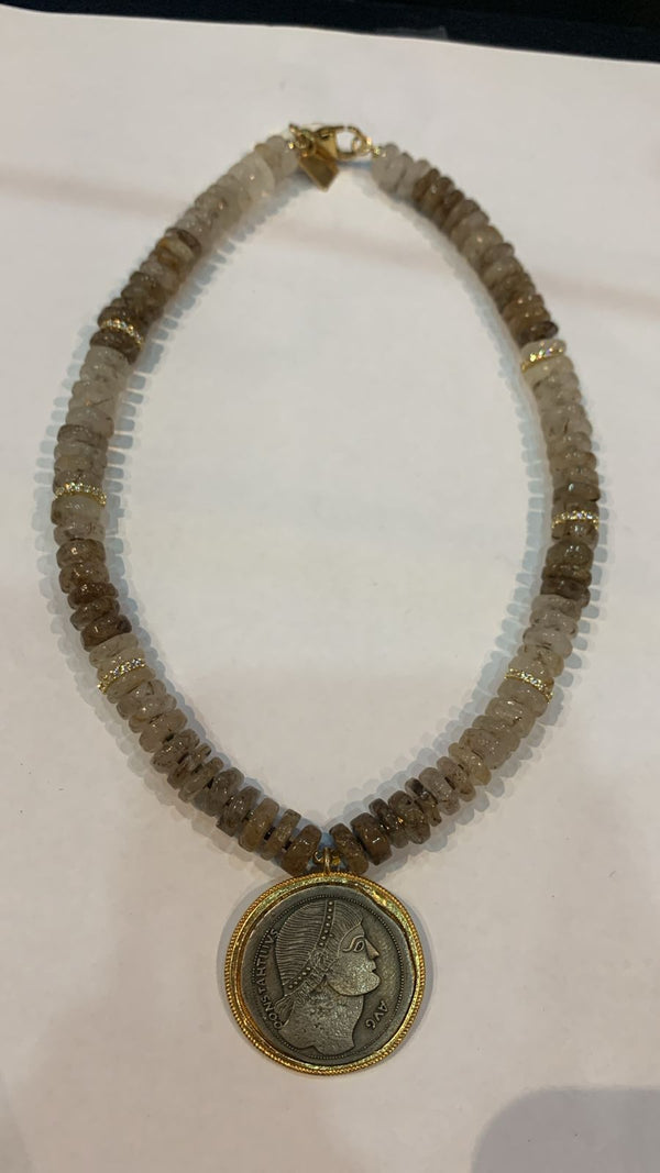 Collar Cuarzo rutilado con Moneda antigua