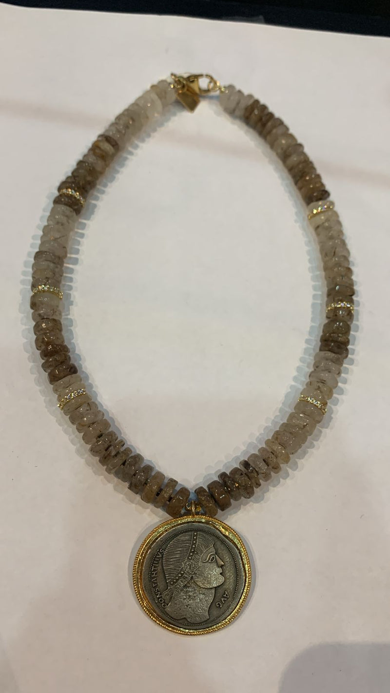 Collar Cuarzo rutilado con Moneda antigua