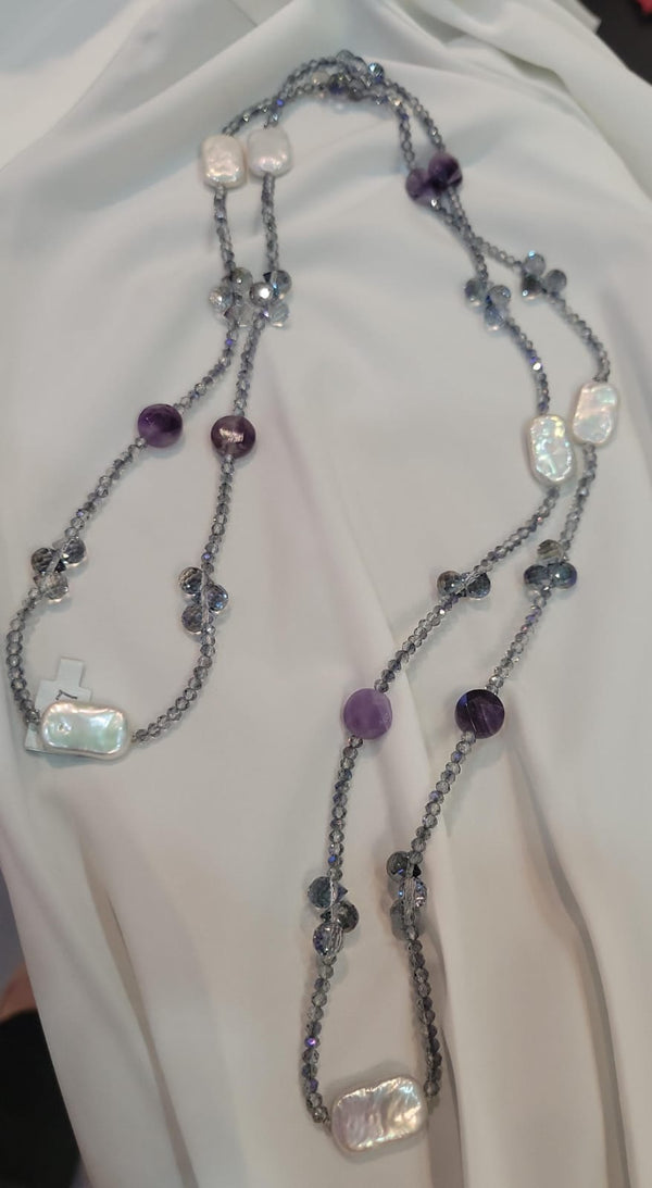 Collar Largo Cristales y perlas con amatista