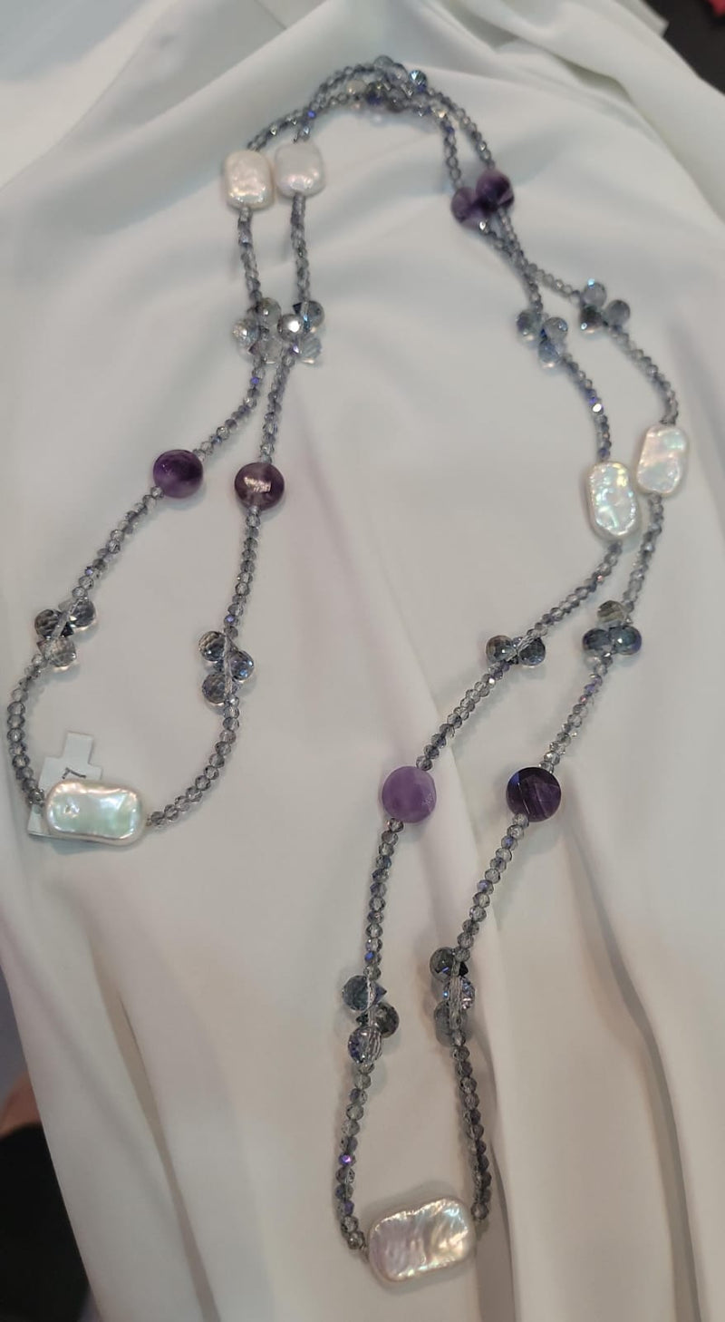 Collar Largo Cristales y perlas con amatista
