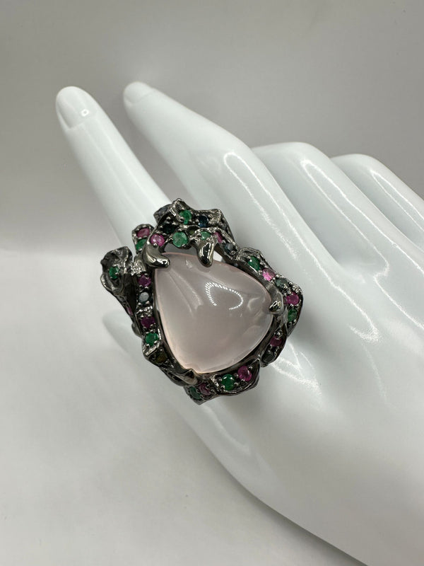 Anillo Plata Negra con Quarzo Rosado, esmeraldas, & Zafiros
