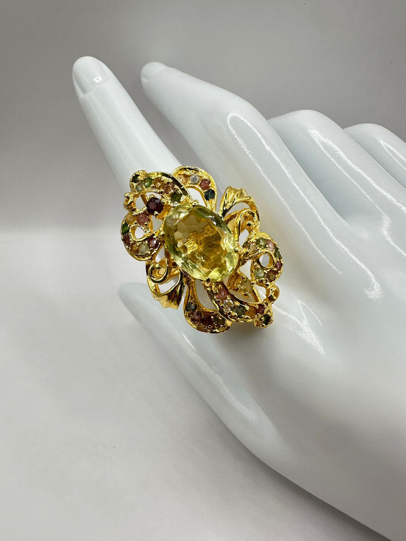Anillo Statement Multi Zafiros con Piedra Citrina Limon Plata con Baño by
