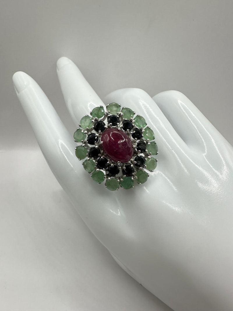 Anillo Ovalo Rubi, zafiros & Esmeraldas XL